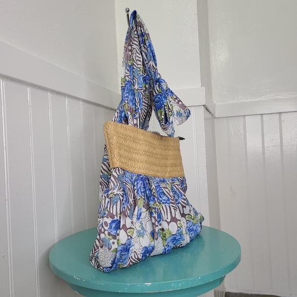 Blue Floral & Animal Print Straw Woven Shoulder Bag - Picture 8 of 9